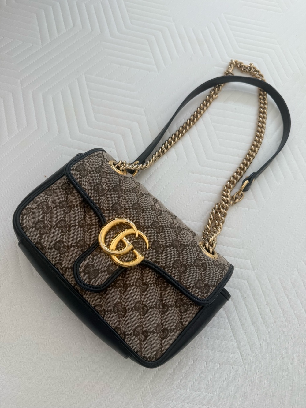 Gucci Beige Brown GG Marmont Small Shoulder Bag with Gold Chain